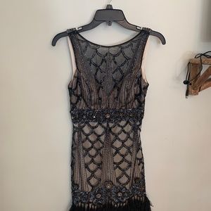 Sue Wong Black and Nude Beaded Cocktail Dress.